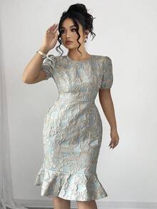 Elenzga Plus Size Round Neck Short Sleeve Textured Embroidered Floral 3D Pattern Fitted Waist French Style Elegant Commuter Slimming Fishtail Dress, Olive Green