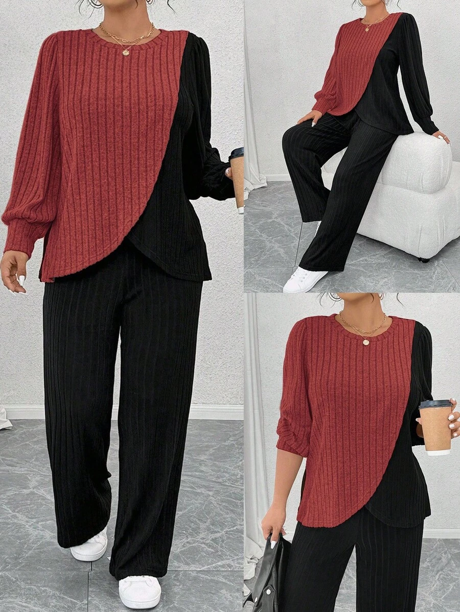 EMERY ROSE 加大码圆领长袖柔软针织条纹拼色不对称拼接上衣和柔软针织条纹直筒裤休闲家居服两件套 - 彩色 - 查看 1