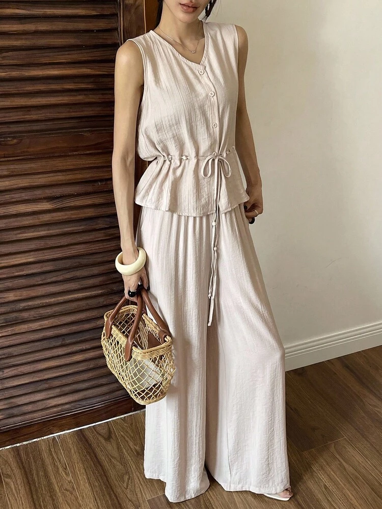 Women's Solid Color Single-Breasted Drawstring Waist Sleeveless Shirt And Wide-Leg Pants Casual 2 Pieces Set