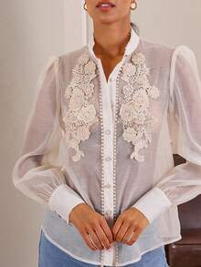 Lilora Élégante blouse femme à manches bouffantes avec col volant en fleurs 3D tissées à la main, couleur unie transparente abricot, printemps/été - Nude - Voir 7