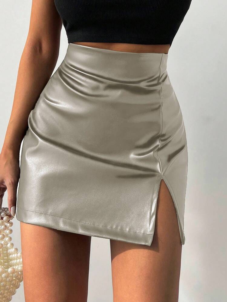 EURMUSE Women's Solid Color Y2K High Waist Pleated Side Slit Hem PU Leather Fashion Mini Skirt - Grey - View 4