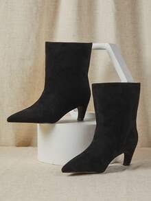 SHUZIA Fashionable Women's Black Faux Suede Low Kitten Heel Pointed Toe Bootie Slip-On Pointed Toe Comfort Fall Winter Holiday Shoe - Black - View 2