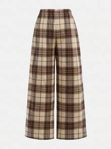 Girlism Teen Girls Pants Plaid Daily Wear Microfleece Football/Soccer Black And White Sportswear Wide Leg Pants Plaid Pants Checkered Pants Brown Plaid Pants Loose Pants Fall Winter - Brown - View 2