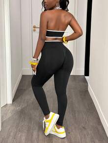 Slaydiva Women Solid Color Splicing Sleeveless Simple Top And Long Pants Yoga Color Blocking Sports Suit Workout Women Set Women Leggings Set Gym Women Outfit - Black - View 2