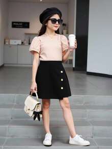 Tween Girl Puff Sleeve Top And Skirt Set - Black - View 3
