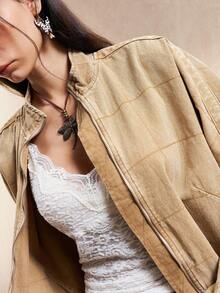 Easelle Women's Plaid Batwing Sleeve Zip-Up Casual Denim Jacket, Autumn Western Jacket Women Boho Western Tops Cowboy Shirts Women Women Western Tops Western Shirts For Women Women Western Clothing Cowboy Shirt Women Women Western Jacket