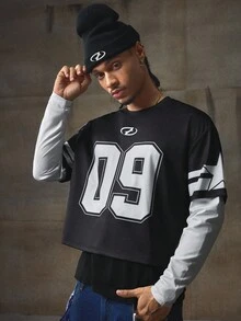 AXEPEAK Men's Contrast Color Print Crew Neck Long Sleeve T-Shirt, Fall, Winter - Black and White - View 5