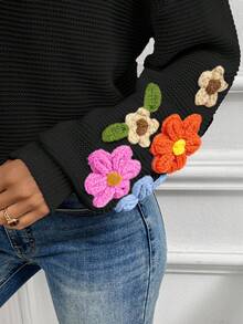 EMERY ROSE Casual Fashion Versatile V-Neck Crochet Sleeve Floral Decor Lantern Sleeve Women Pullover Sweater