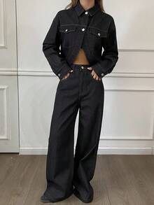 DAZY Women's Denim Jacket With Collar And Loose Straight Leg Jeans Set, Casual Y2k - Dark Wash - View 4