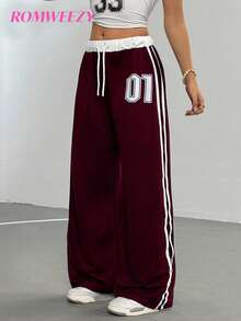 Sparklyn 少女休闲街头时尚短款字母印花运动裤，适合外出、街拍、上学 - 酒紅色 - 查看 6