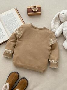 Blossori Young Boys' French Elegant Geometric Pattern Crew Neck Long Sleeve Sweater Fall Winter - Khaki - View 2