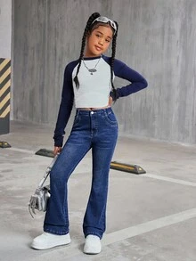 SHEIN TWEEN GIRLS 复古水洗蓝色牛仔裤，紧身弹力，做旧下摆喇叭裤，时尚百搭 - 中等水洗藍 - 查看 5