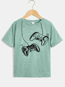 SHEIN Tween Boy Video Game Graphic Dropped Shoulder T-Shirt, Casual & Comfortable For Daily Wear, Summer - Green - View 6