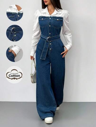 SHEIN 少女 Y2K 90 年代蓝色连体裤二合一拼色套装，配有腰带阔腿裤春夏连体裤，女孩秋季返校节牛仔两件套服装，商务休闲女士，秋冬连体裤，女孩教师服装