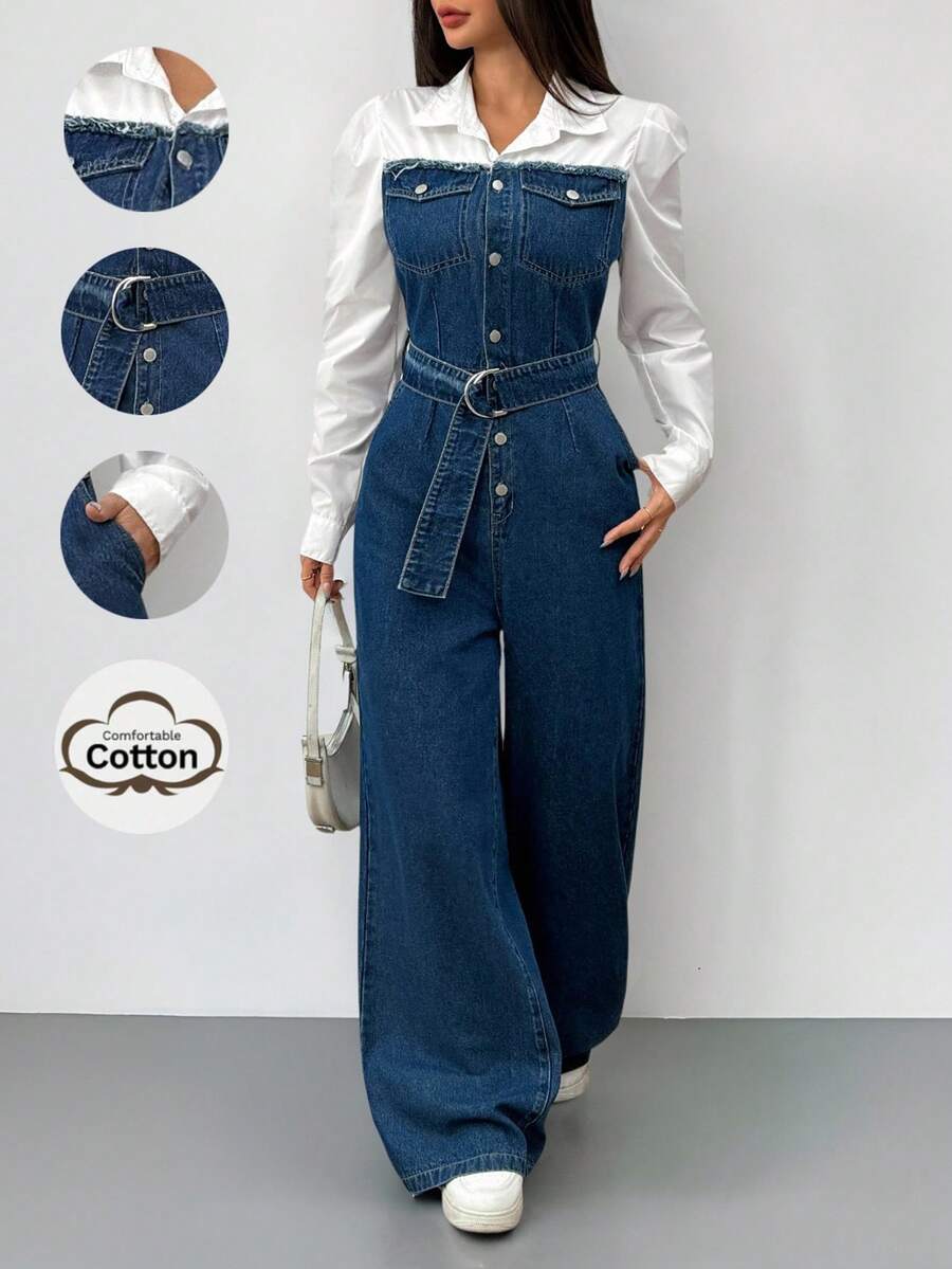 SHEIN 少女 Y2K 90 年代蓝色连体裤二合一拼色套装,配有腰带阔腿裤春夏连体裤,女孩秋季返校节牛仔两件套服装,商务休闲女士,秋冬连体裤,女孩教师服装 - 深色水洗藍 - 查看 1