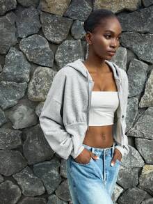 Lumivelle 女士休闲时尚年轻简约百搭修身连帽拉链短款腰部运动衫，秋冬 - 灰色 - 查看 6