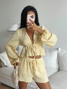 Serisse Women's Lantern Sleeve V-Neck Ruffle Textured Fabric Casual Elegant Top And Shorts 2 Pieces Set Winter - Yellow - View 4