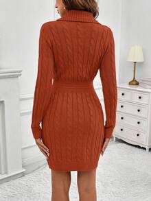 EMERY ROSE Elegant Solid Color Fitted Long Sleeve Sweater Dress For Women - Burnt Orange - View 2