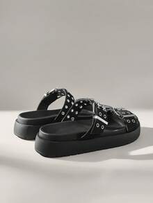 Solecia 女士时尚黑色厚底沙滩度假平底拖鞋 - 黑色 - 查看 5