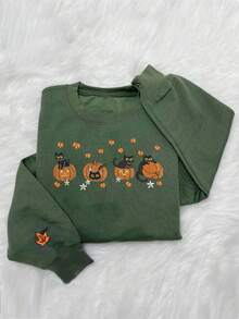 INAWLY Halloween Embroidered Black Cat Pumpkin Autumn Round Neck Sweatshirt - Army Green - View 3