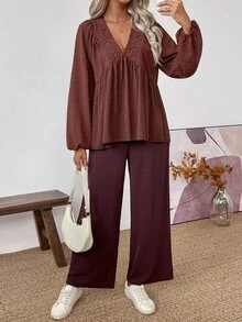 EMERY ROSE 2 piezas Conjunto de top de manga larga con cuello en V profundo y volantes y pantalones rectos de tela texturizada marrón, adecuado para viajes, ir al trabajo, estilo occidental, otoño/invierno de mujeres - Marrón - Ver 3
