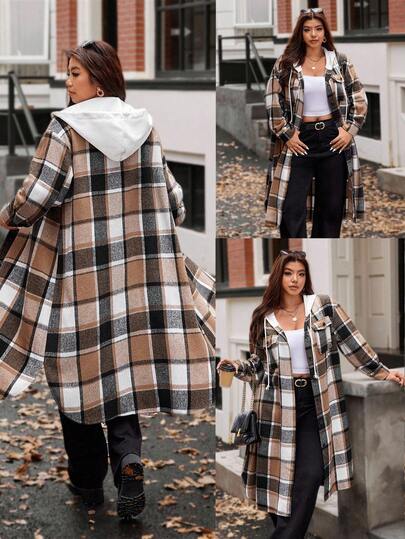 Vionelle Plus Size Plaid Patchwork Casual Jacket Winter Autumn Fall