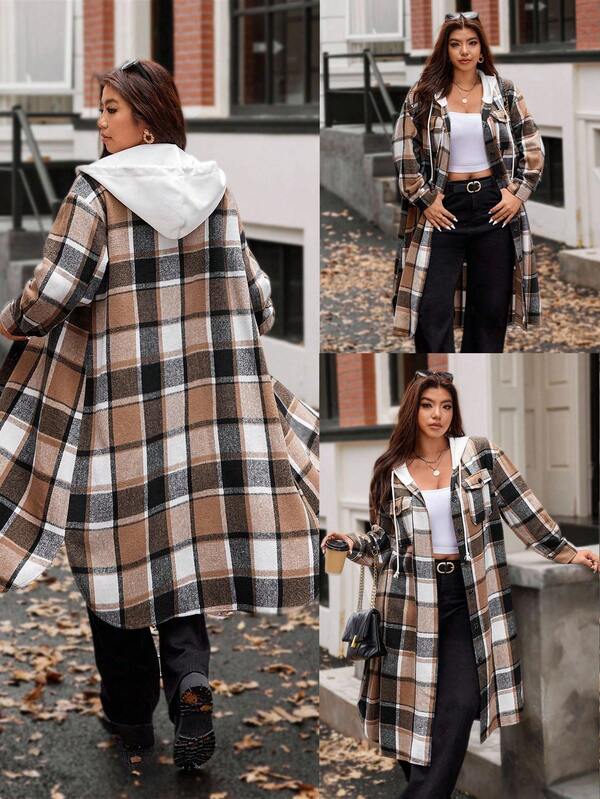 Vionelle Plus Size Plaid Patchwork Casual Jacket Winter Autumn Fall