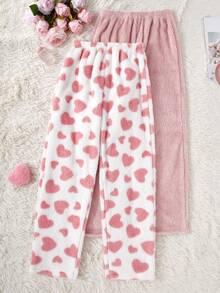 SHEIN 2pcs Women's Heart Print & Plush Pink Fluffy Pajama Pants Set, Autumn/Winter Pjs Pants Set Pink Fluffy Pajama Set Heart Fluffy Pajama Set Fuzzy Fluffy Pajama Set Cute Fluffy Pajama Set  Cozy And Elegant Details, Fall Winter Clothes