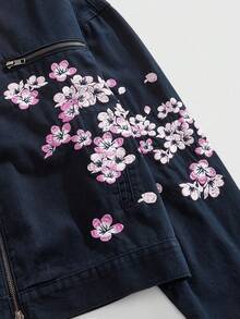 ROMWE MEN Casual 男士时尚花卉刺绣领拉链牛仔夹克 - 黑色 - 查看 4