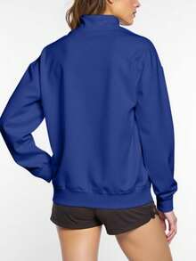 INAWLY Moletom casual plus size com zíper frontal, manga longa e estampa lisa, ideal para formaturas, professoras e para a volta às aulas no outono. - Azul Real - Ver 2