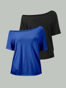 Flirla 2 piezas Camiseta holgada con hombros abiertos para mujer, elegantes blusas de unicolor en negro y azul marino oversize