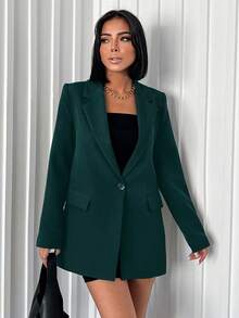 SHEIN Tall Áo khoác Blazer The BossMode dành cho nữ – Đường nét sắc sảo, nhiều lớp sang trọng & Phong cách It-Girl mạnh mẽ, thanh lịch, cao ráo, giản dị - Màu xanh lá cây đậm - Xem 3