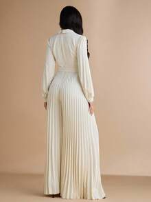 Silquee 女士纯色翻领双排扣褶裥阔腿优雅连体裤 - 米色 - 查看 2