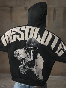 AXEPEAK 男式落肩宽松长袖休闲百搭连帽衫，背面有图案印花，羊毛，秋冬 - 黑色 - 查看 1