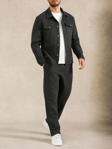 Manfinity Homme 男士纯色休闲长袖夹克和裤子套装男士两件套男士两件套服装，秋冬服装 - 深灰色 - 查看 4