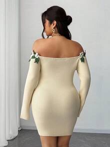 Elenzga 大码女式露肩长袖刺绣花卉装饰修身腰部修身优雅浪漫毛衣裙，秋冬 - 彩色 - 查看 3