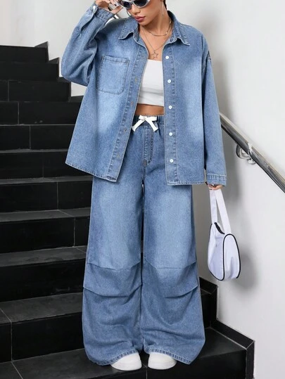 SHEIN 2pcs/Set Teen GirlBlue Denim Loose Shirt And Pants, , Two Piece Denim Set, Wide Leg Denim Set, Denim Outfit Women, Blue Two Piece Set, Fall Winter