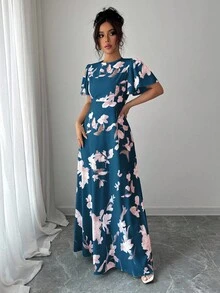 Selianne 荷叶边袖圆领束腰数码印花优雅浪漫女式连衣裙 - 彩色 - 查看 5