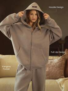 GLOWMODE 厚重羊毛超大连帽夹克，侧口袋，加厚保暖，冬季 - 卡其色 - 查看 6