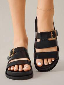 Solecia 2025 Summer New Arrival Women's Fashion H-Shape Black Rivet Platform Soft Bottom Sandals, Closure, Versatile Strap Non-Slip Open Toe Flat Sandals - Black - View 7