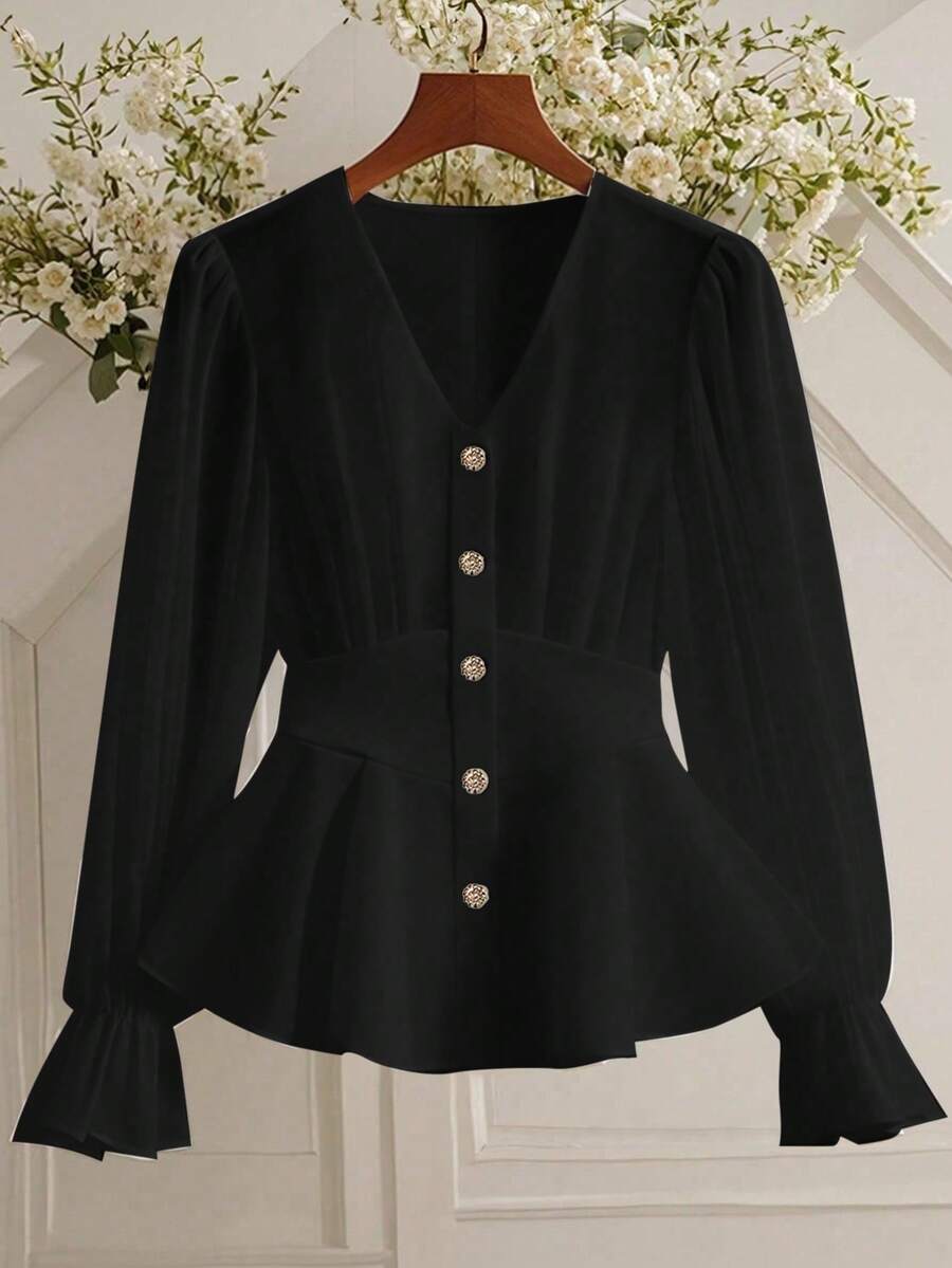 Franclia Elegant V-Neck Ruched Front Button Down Long Sleeve Blouse With Ruffle Cuffs, Suitable For Spring And Autumn - Black - View 1