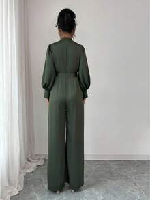 Elenzga 女士优雅通勤连体裤，立领，褶皱领，泡泡袖，蝴蝶结腰部，双口袋，长袖，修身版型，直筒裤，苔绿色，秋冬 - 墨綠色 - 查看 2
