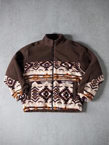 Manfinity EMRG Men's Long Sleeve Vintage Stand Collar Zip-Up Casual Jacket Brown Earthy Western Fleece Jacket Southwestern Fleece Jacket , Fall Winter