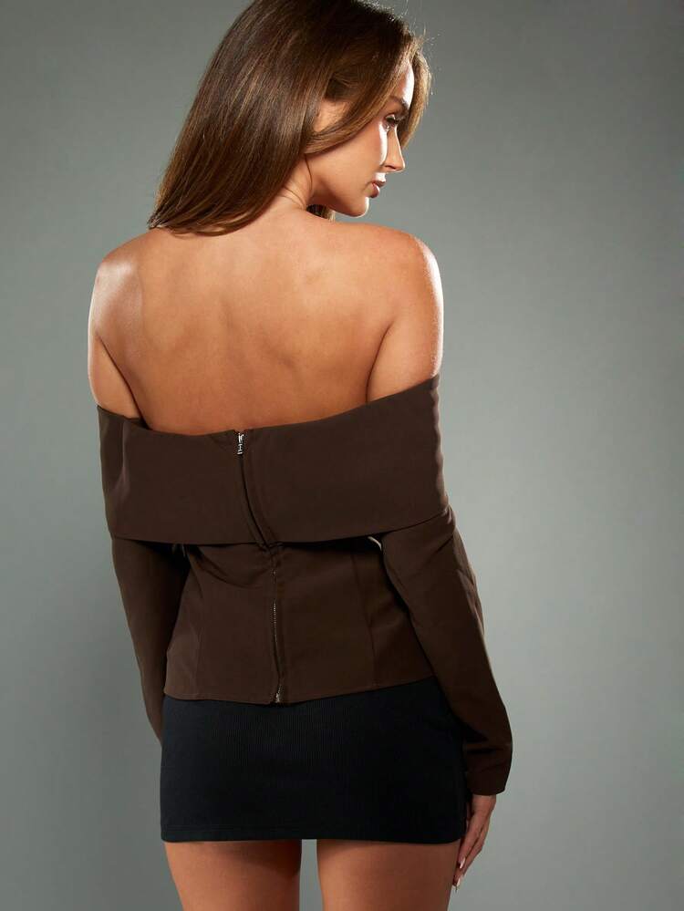 MISSGUIDED Off Shoulder Long Sleeve Belted Top With Buckle Detail For Fall Winter Layering