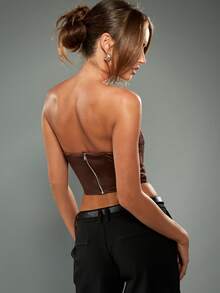 MISSGUIDED Fitted Corset Top With Intricate Lace Trim Strapless Bandeau Crop Top For Night Party Occasions - Brown - View 2