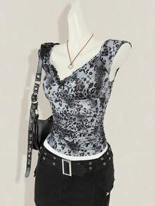 SHEIN ICON Áo thun bó sát họa tiết da báo và ren tương phản Y2K dành cho nữ - Xám - Xem 6