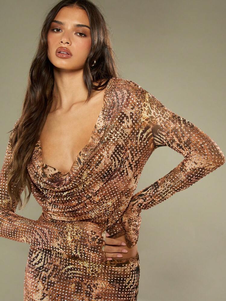 MISSGUIDED Women Stunning Sparkle Sequin Two Pieces Co-Ord Set Cowl Neck Long Sleeve Crop Top And Maxi Skirt Evening Party Outfit Occasion Wear
