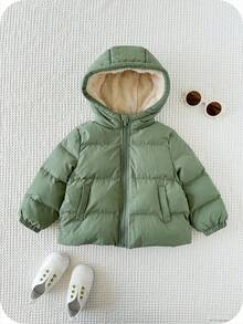 SHEIN Áo khoác dày dặn giữ nhiệt màu xanh lá cây có mũ cho bé trai, kiểu dáng thường ngày ấm áp, thích hợp cho cả nam và nữ, mùa đông. - Nhiều màu - Xem 3