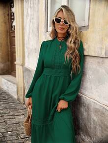 Brillora Váy Maxi Tay Dài Ôm Eo Màu Trơn Phong Cách Đường Phố Cho Nữ - Màu xanh lá cây đậm - Xem 5