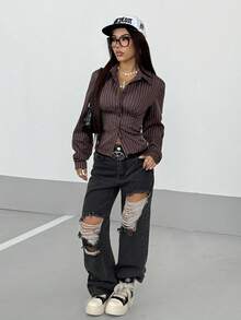 StreetHx Women's Retro Striped Fitted Shirt, Brown Blouse,Autumn Clothes For Women - Brown - View 2